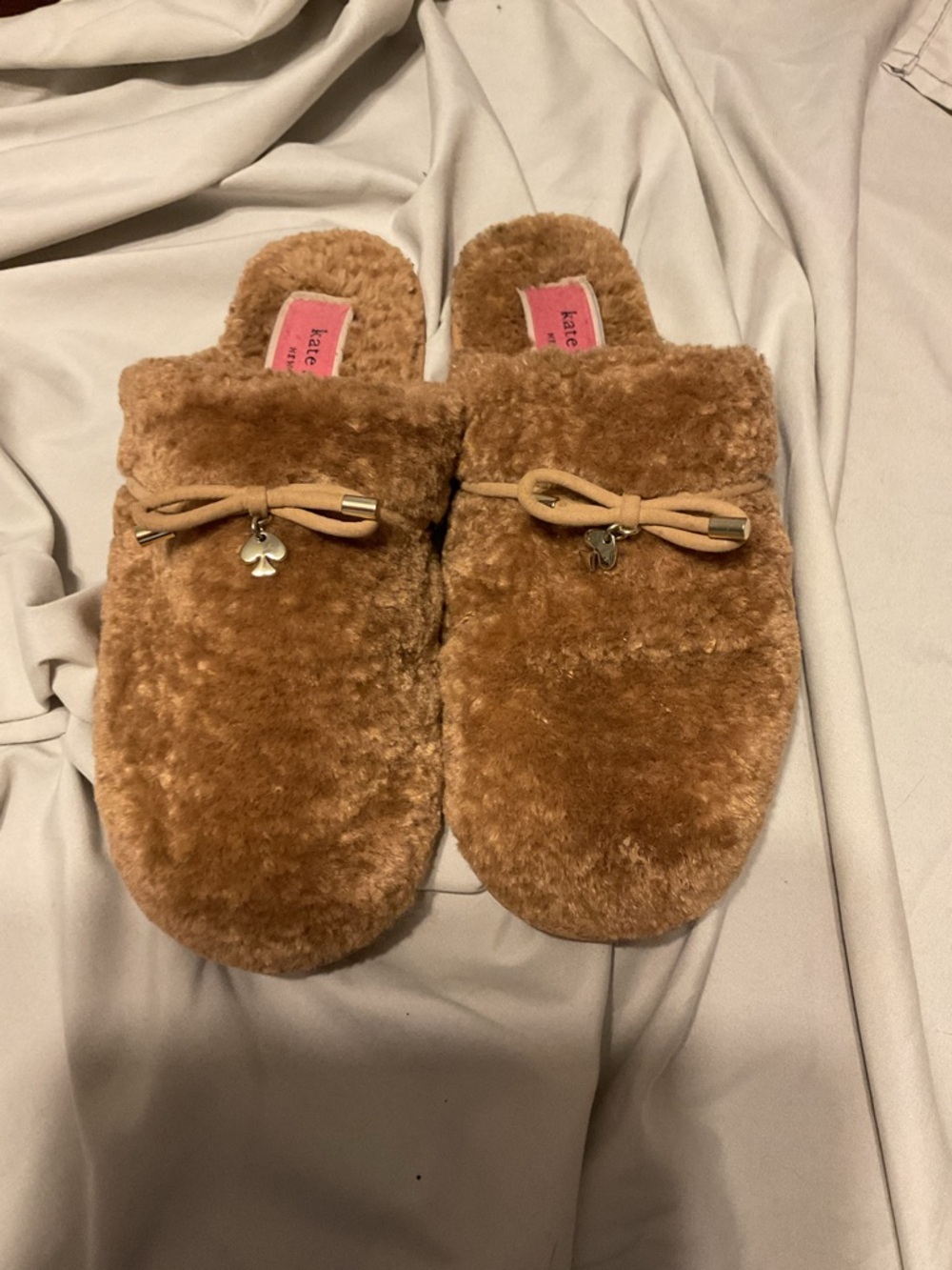kate spade Faux Fur Slip-On Slippers in Caramel Brown